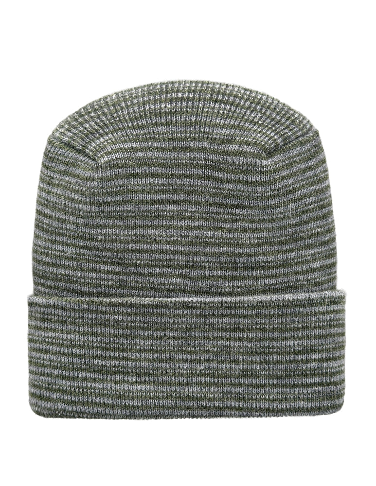 A ribbed knit beanie hat in a heathered gray and white colorway, shown against a plain white background.