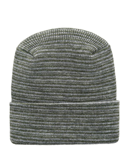 A ribbed knit beanie hat in a heathered gray and white colorway, shown against a plain white background.