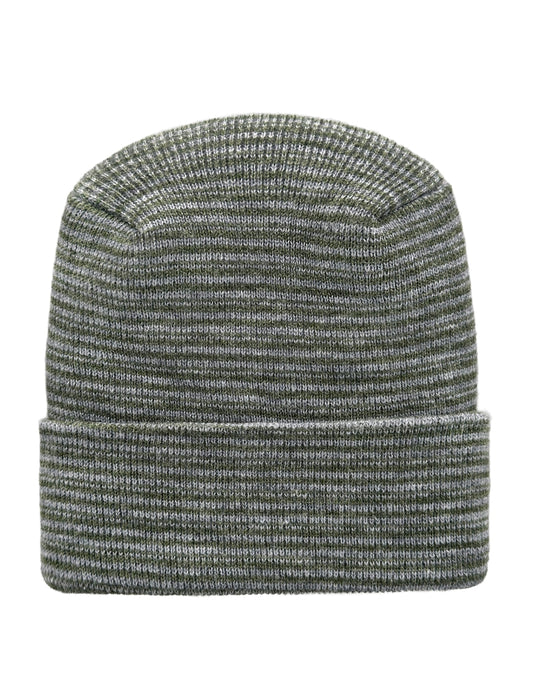 A ribbed knit beanie hat in a heathered gray and white colorway, shown against a plain white background.
