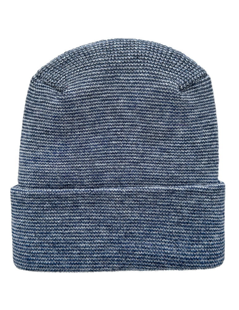 A blue and white heathered knit beanie hat with a folded cuff, shown against a plain white background.