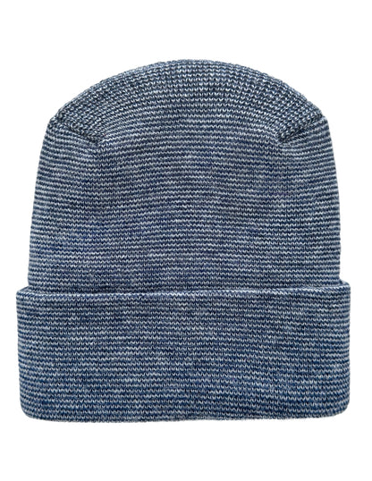 A blue and white heathered knit beanie hat with a folded cuff, shown against a plain white background.
