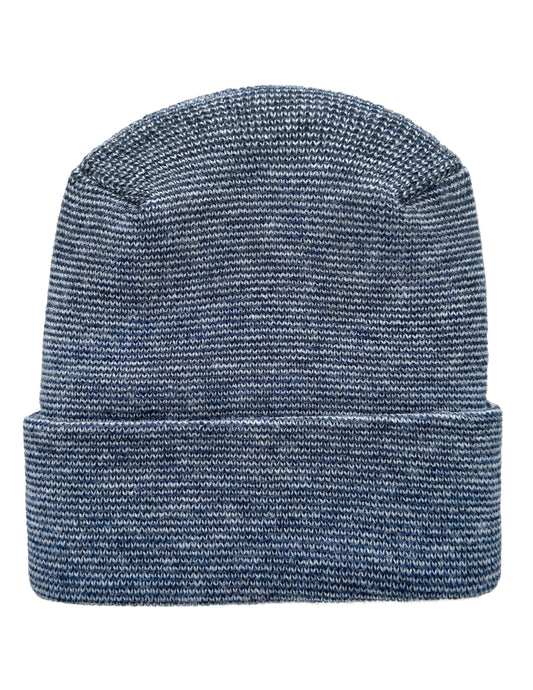 A blue and white heathered knit beanie hat with a folded cuff, shown against a plain white background.