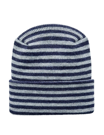 A striped knit beanie hat with alternating navy blue and light gray horizontal stripes, shown against a plain white background.