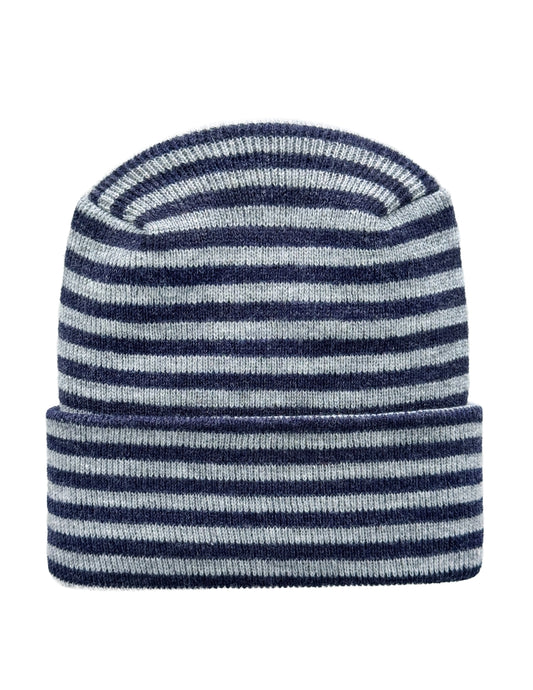 A striped knit beanie hat with alternating navy blue and light gray horizontal stripes, shown against a plain white background.