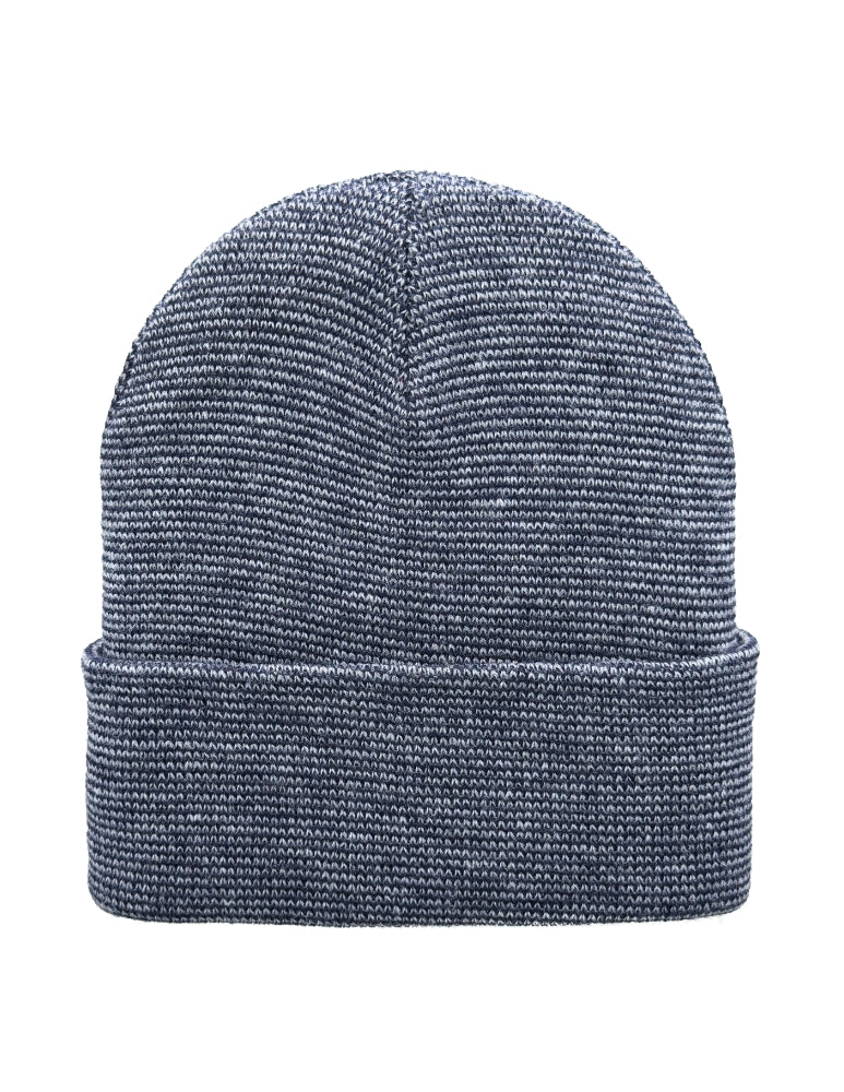 A navy blue heathered knit beanie hat with a folded cuff, shown against a plain white background.