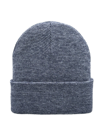 A navy blue heathered knit beanie hat with a folded cuff, shown against a plain white background.