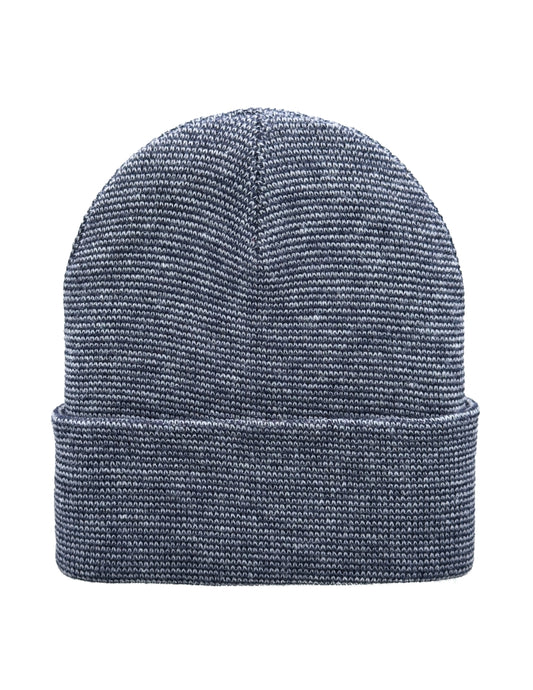 A navy blue heathered knit beanie hat with a folded cuff, shown against a plain white background.