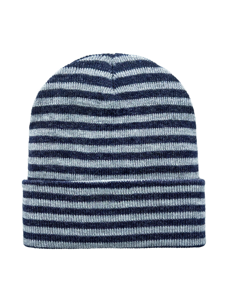A navy blue and light gray striped knit beanie hat, shown from the front on a solid white background.