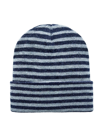 A navy blue and light gray striped knit beanie hat, shown from the front on a solid white background.