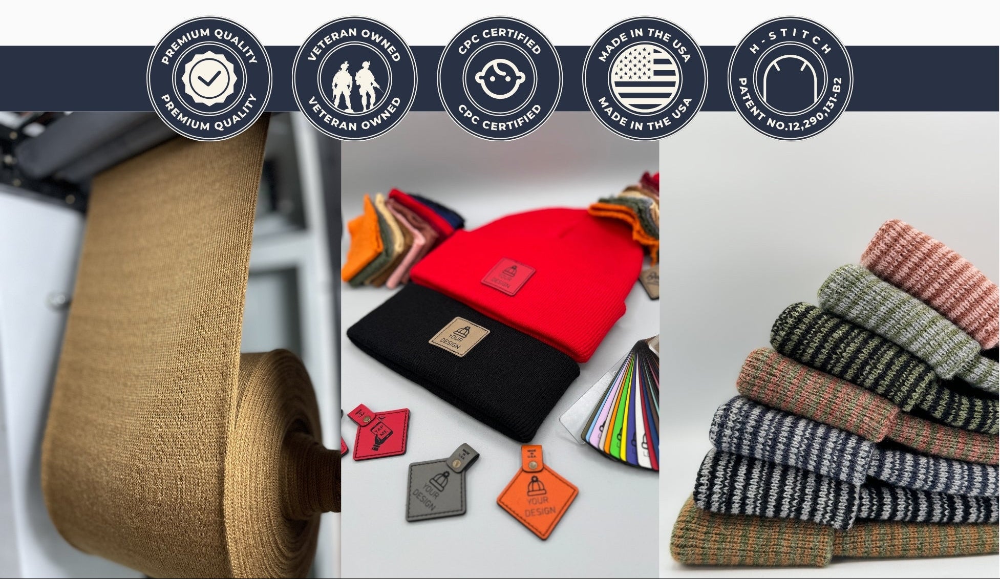 A collage-style product image showing woven knit hats and fabric rolls, with several circular quality badges across the center. The hats include solid red, black, gray, and striped patterns in various colors.