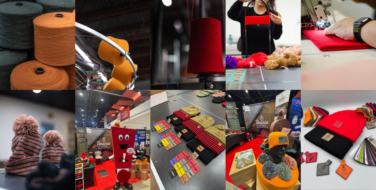 Collage of various pictures including hats and showing the process The Beanie Factory takes to make their beanies in USA. Shows customization options, and pictures from the factory and trade shows that companies attends.