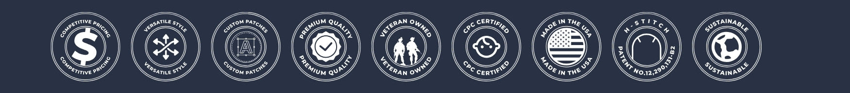 A row of ten circular white certification or feature icons on a dark navy background, including symbols for quality, security, support, and comfort.