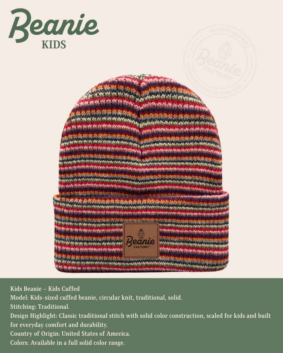 Colorful striped beanie with a brand label on a beige background