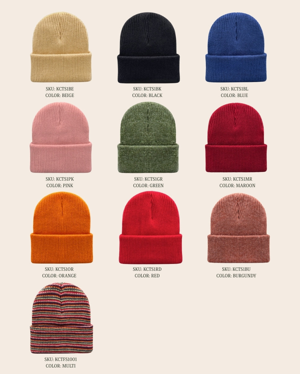 Collection of beanies in various colors on a beige background