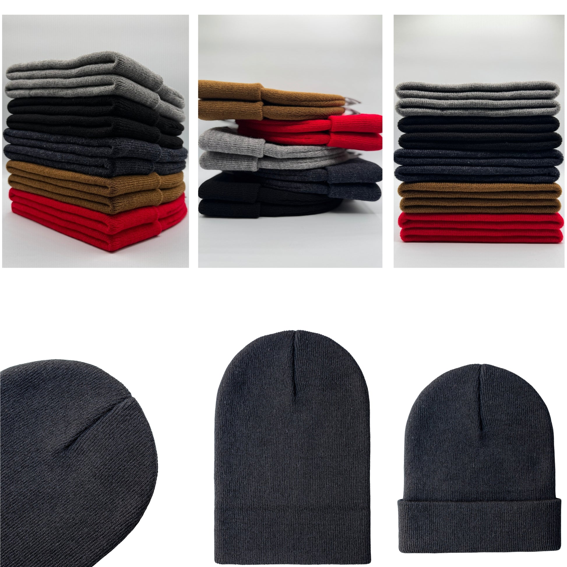 A collage showing folded knit beanie hats in multiple colors, including gray, black, brown, and red, alongside three views of a dark charcoal gray beanie on a white background.