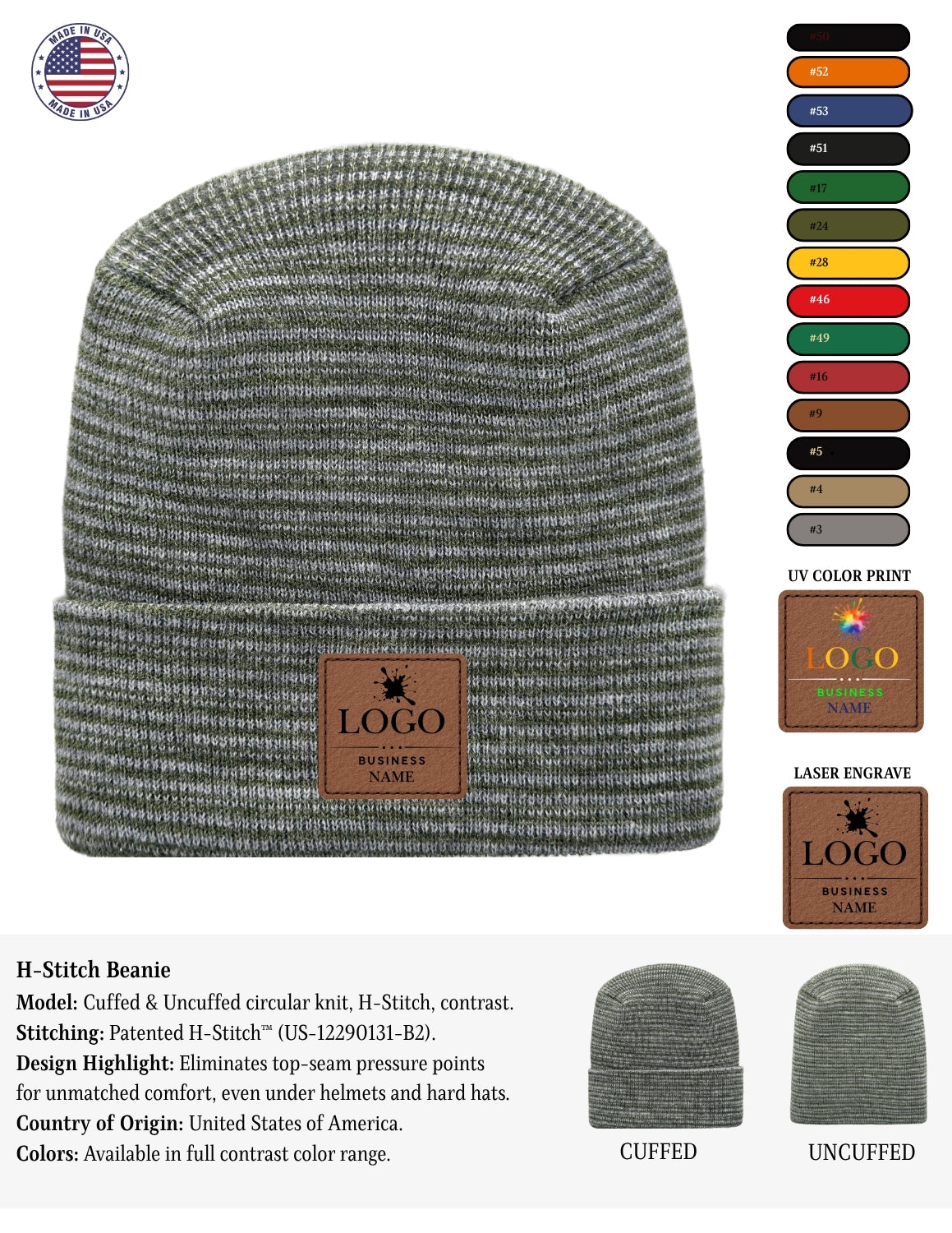 Cuffed Beanie - Circular knit  Winter Hat - H-Stitch - Contrast - Black / Green