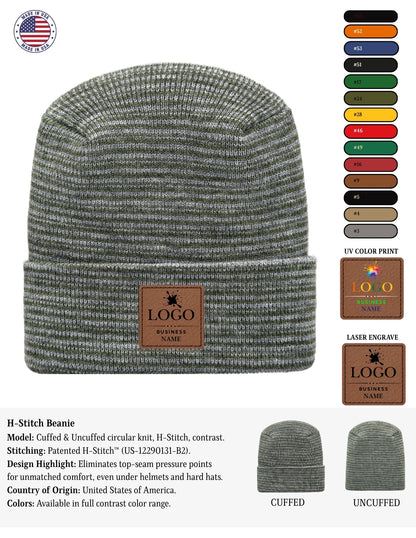 Cuffed Beanie - Circular knit  Winter Hat - H-Stitch - Contrast - Black / Green