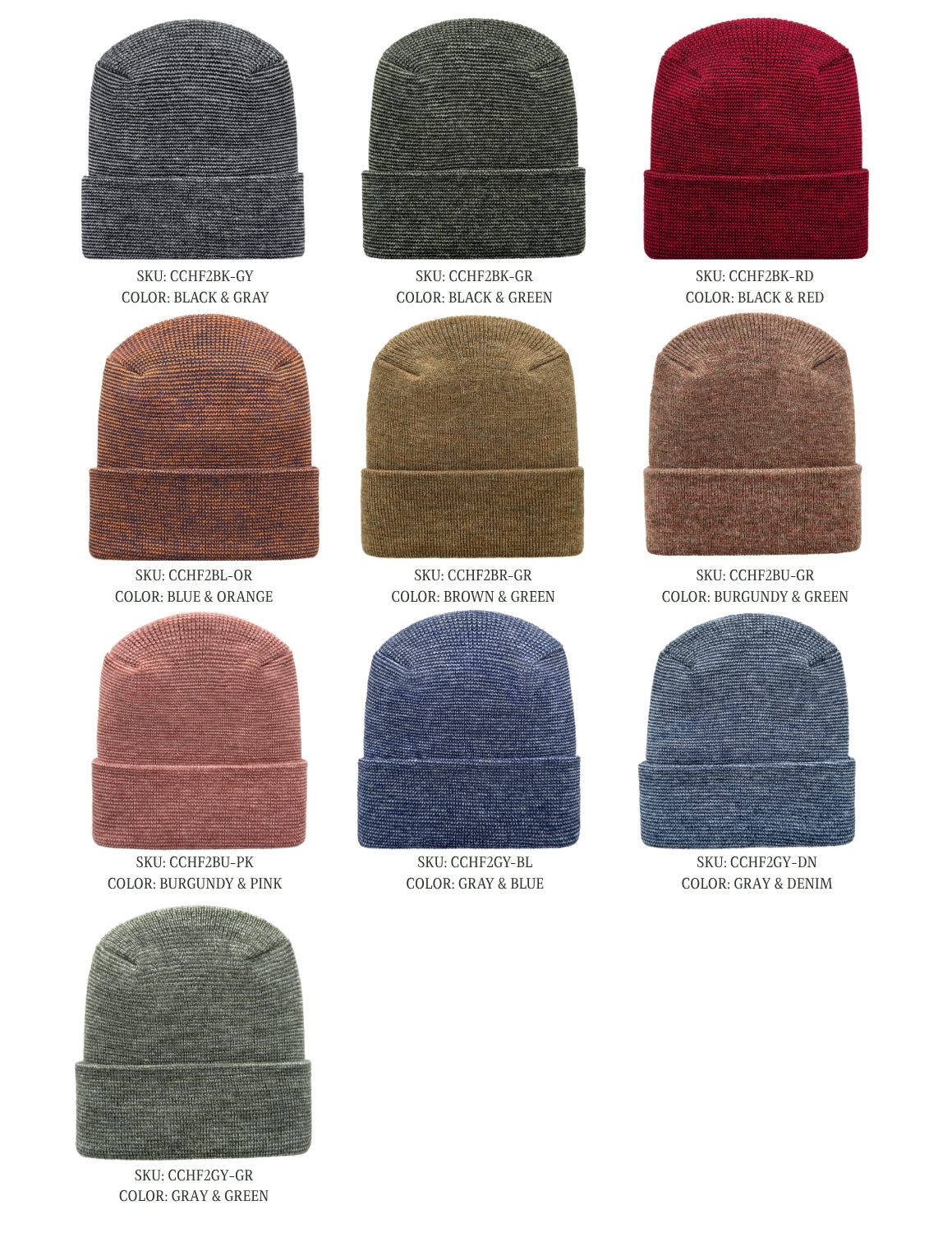 A color-options grid showing ten knit beanie hats in different heathered colors, each labeled with a SKU code and color description beneath it on a white background.