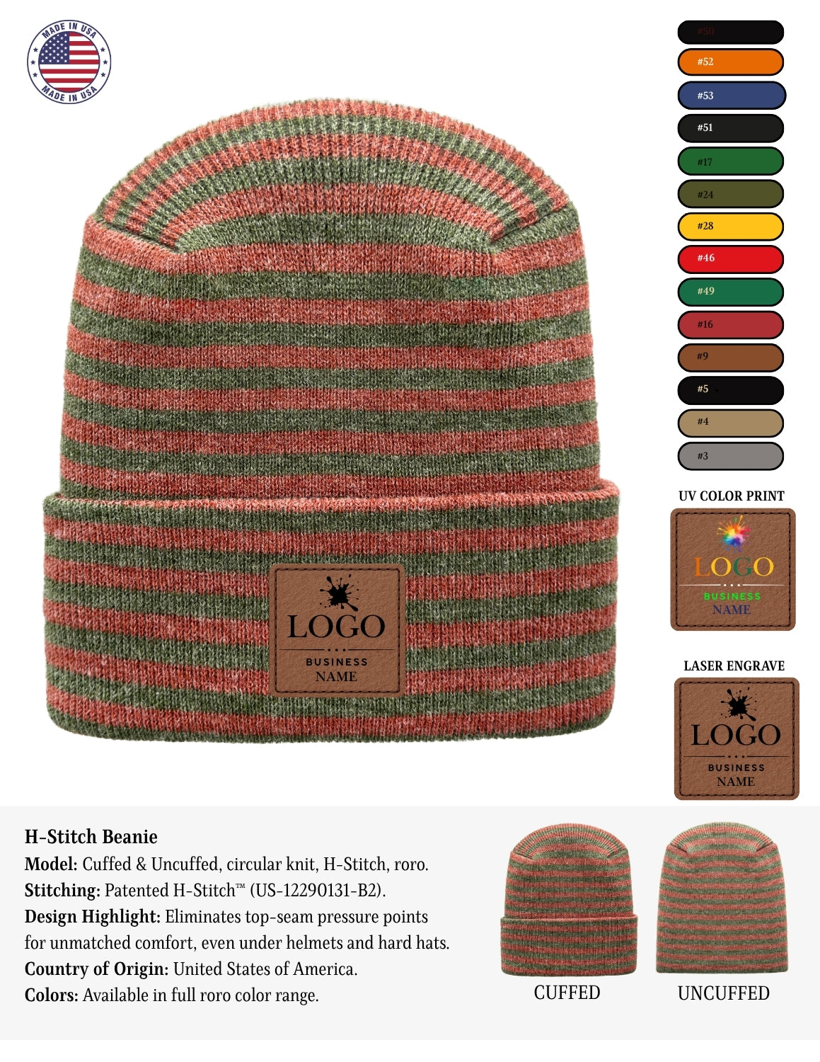 A striped knit beanie shown on a white background with product details, color options, and sample graphics. The beanie has horizontal stripes in muted green, red, and dark brown/charcoal tones, with a brown faux-leather patch on the front reading 'LOGO BUSINESS NAME.