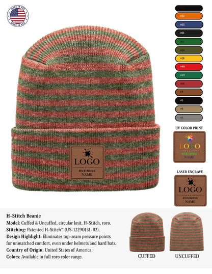 A striped knit beanie shown on a white background with product details, color options, and sample graphics. The beanie has horizontal stripes in muted green, red, and dark brown/charcoal tones, with a brown faux-leather patch on the front reading 'LOGO BUSINESS NAME.