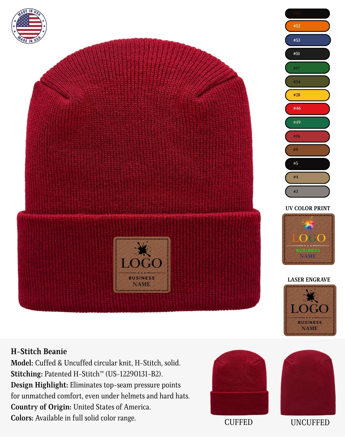 A red knit cuffed beanie hat shown on a white background with a color selection chart, sample logo patches, and small views of the beanie cuffed and uncuffed. The product is labeled with a customizable 'LOGO BUSINESS NAME' patch on the cuff.