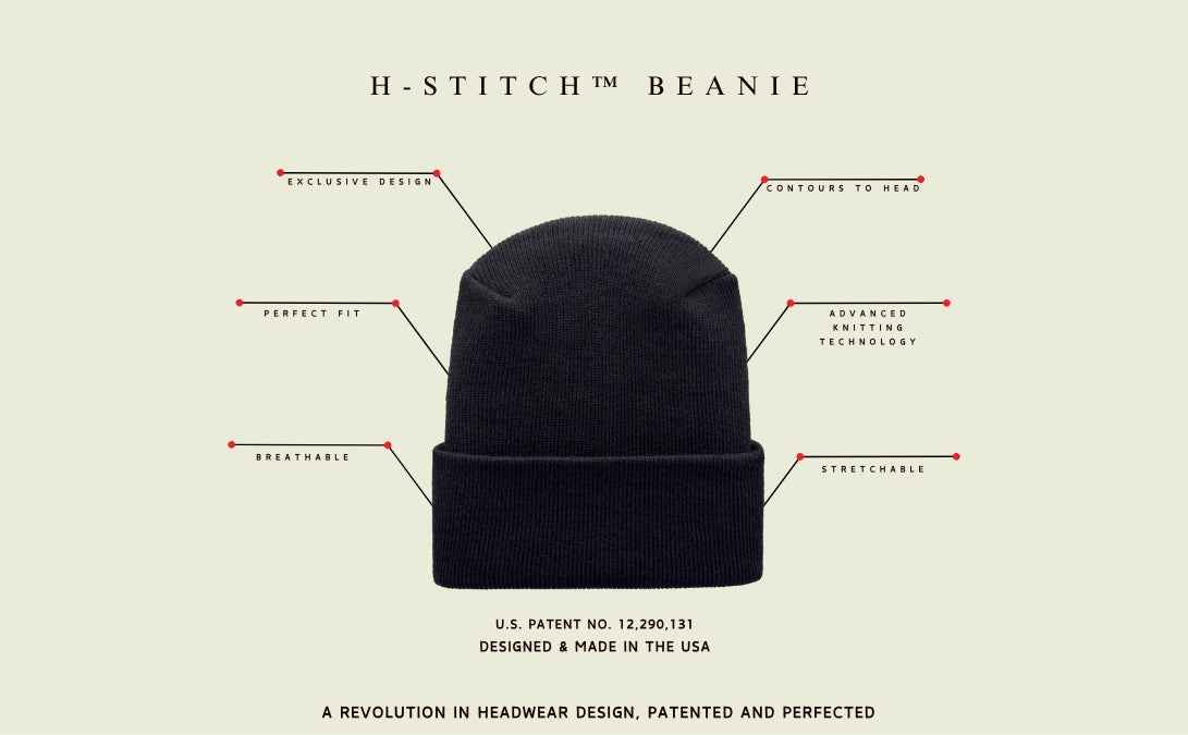 Black h-stitch beanie with features listed on a beige background
