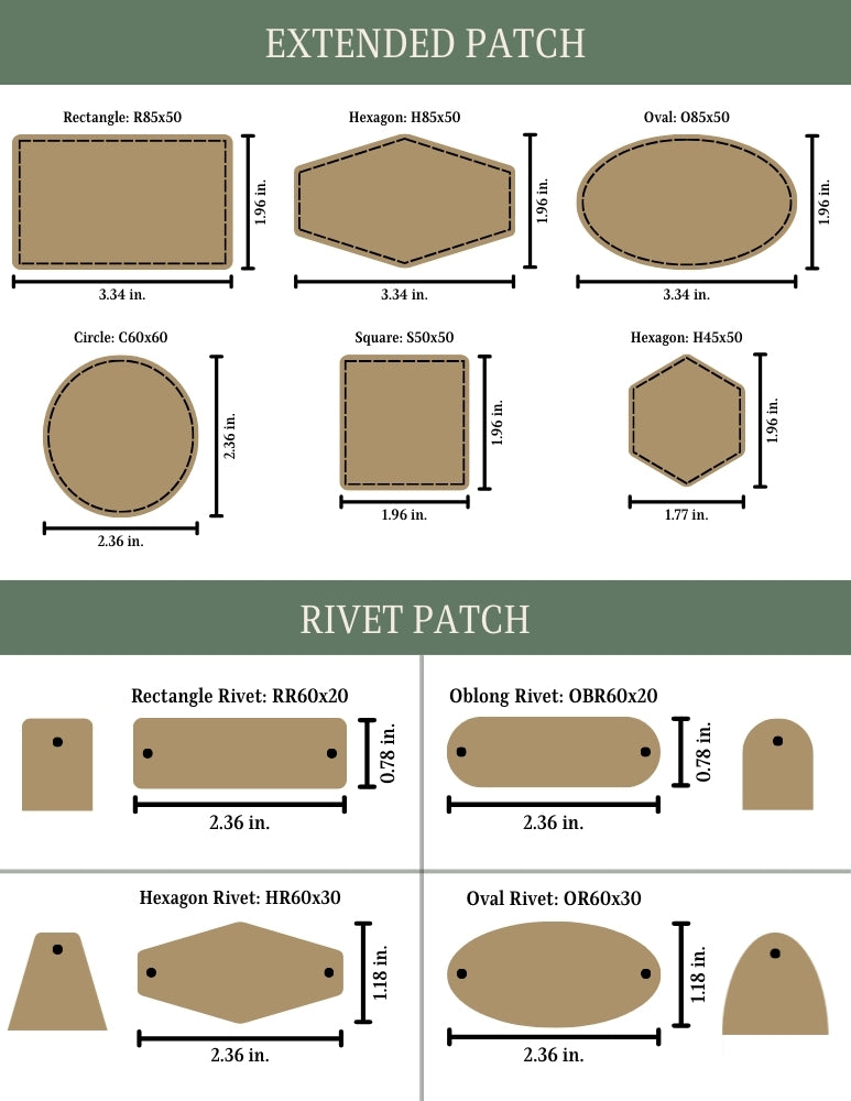 Comparison chart of extended and rivet patches with dimensions and shapes.
