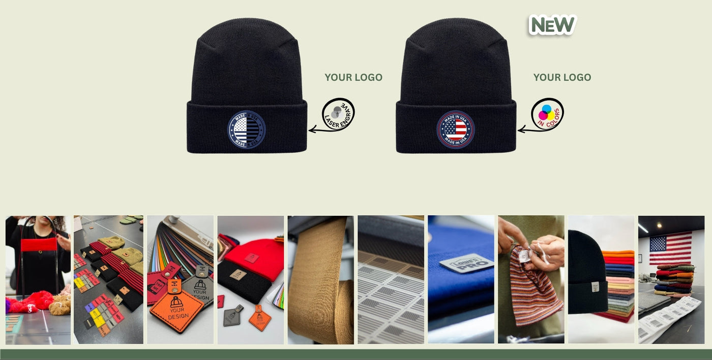 Black beanie with customizable design options on a beige background