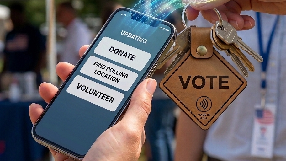 A close-up of a hand holding a smartphone showing a voting app screen, while another hand holds a leather keychain with a square badge that says VOTE and a set of keys. An American flag is blurred in the background at an outdoor event.