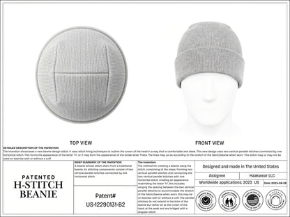 A patent-style product information sheet for an H-stitch beanie. The sheet includes circular top and front views of a light gray knit beanie displayed on a white mannequin head, a detailed description of the invention, patent number text, and several certification logos at the bottom.