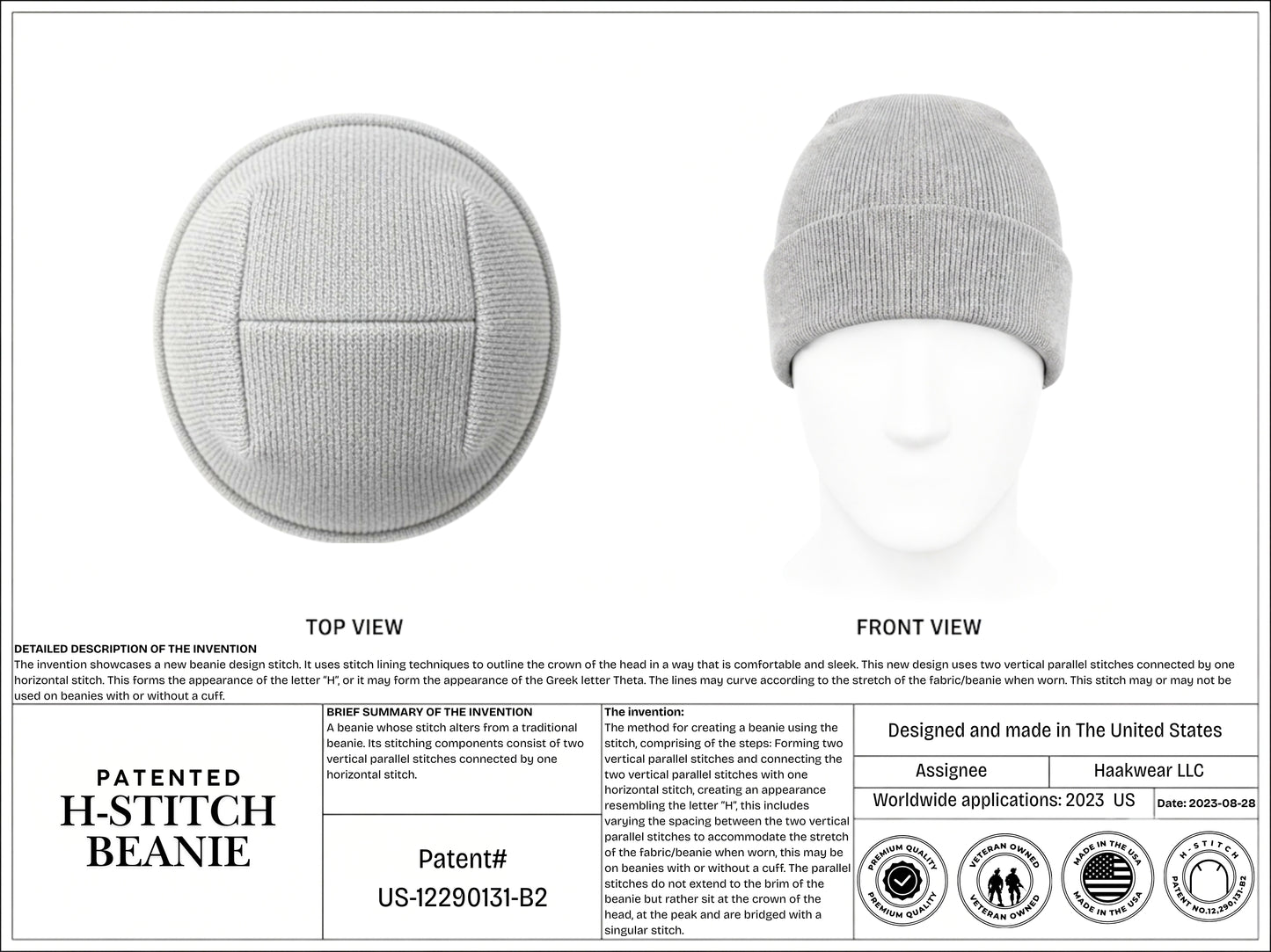A patent-style product information sheet for an H-stitch beanie. The sheet includes circular top and front views of a light gray knit beanie displayed on a white mannequin head, a detailed description of the invention, patent number text, and several certification logos at the bottom.