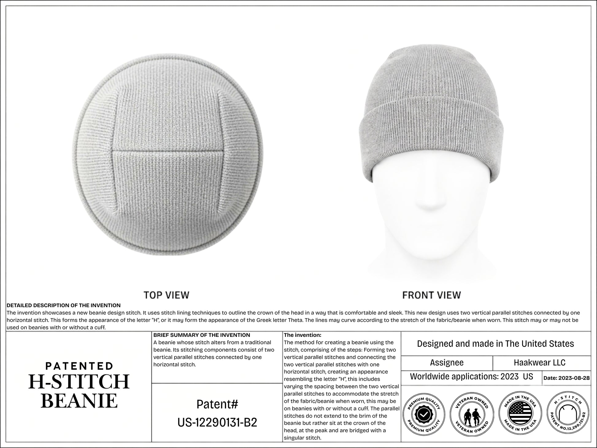 A patent-style product information sheet for an H-stitch beanie. The sheet includes circular top and front views of a light gray knit beanie displayed on a white mannequin head, a detailed description of the invention, patent number text, and several certification logos at the bottom.