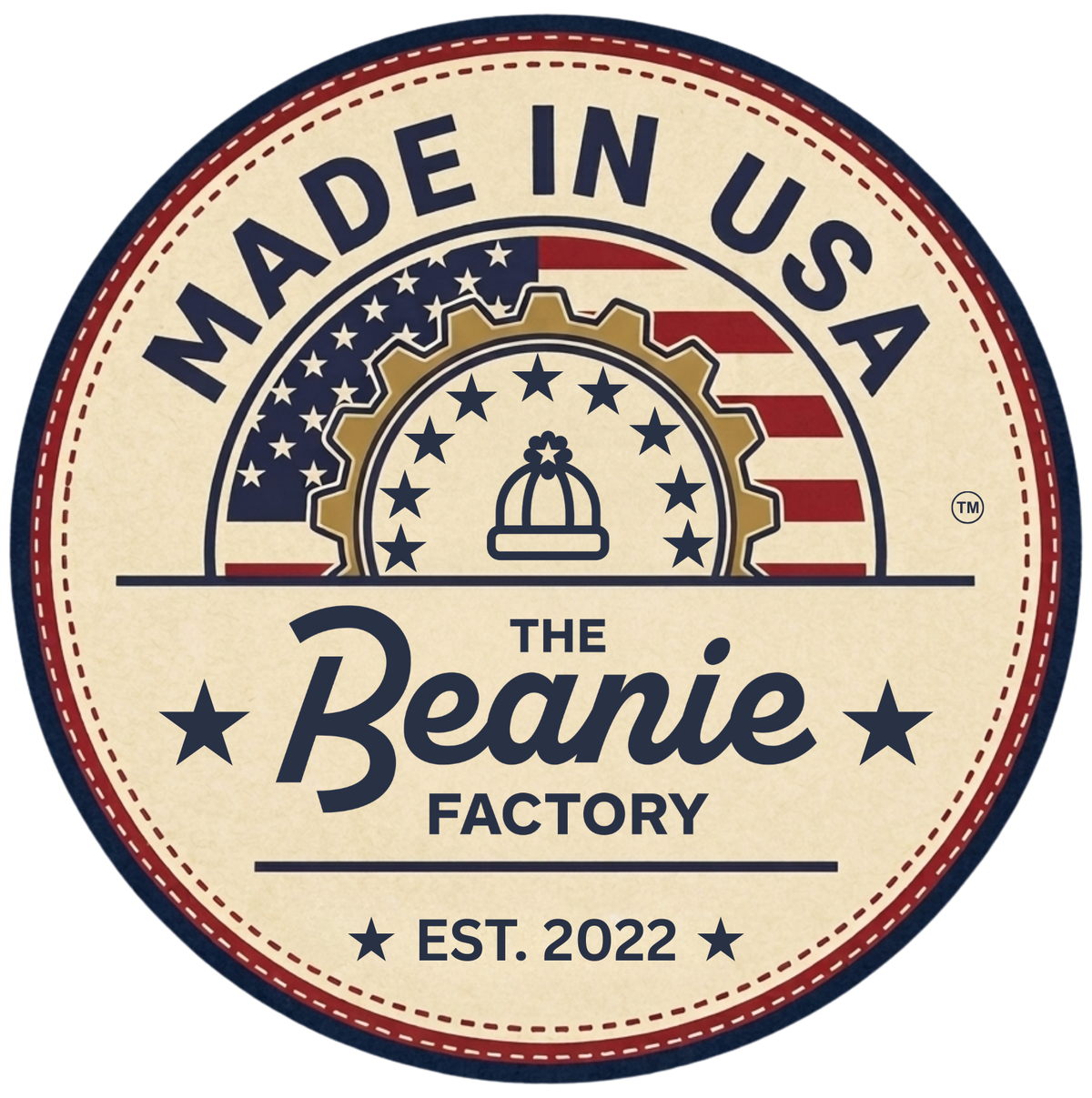 Logo of The Beanie Factory with 'Made in USA' text and American flag design.