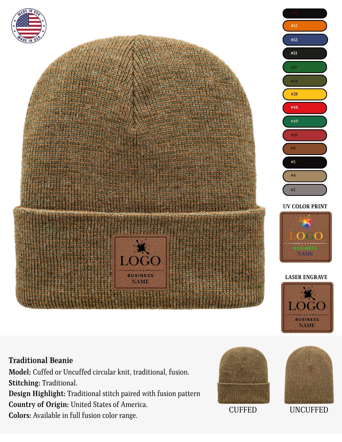 A traditional knit beanie in a heathered brownish-olive/tan color, shown folded with a faux-leather logo patch on the cuff. The image includes a color palette on the right, a small US flag badge, and text describing the product features and available colors.