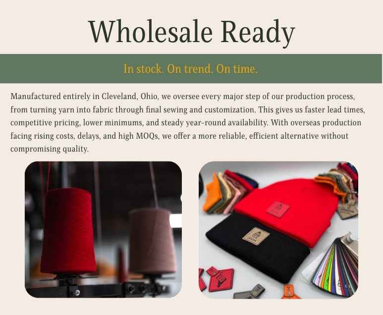 Promotional image of beanies with text about manufacturing and product types.