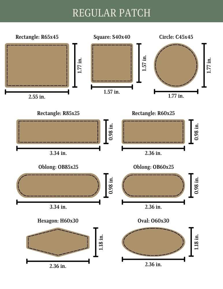 Diagram of various patch shapes with dimensions in millimeters and inches.
