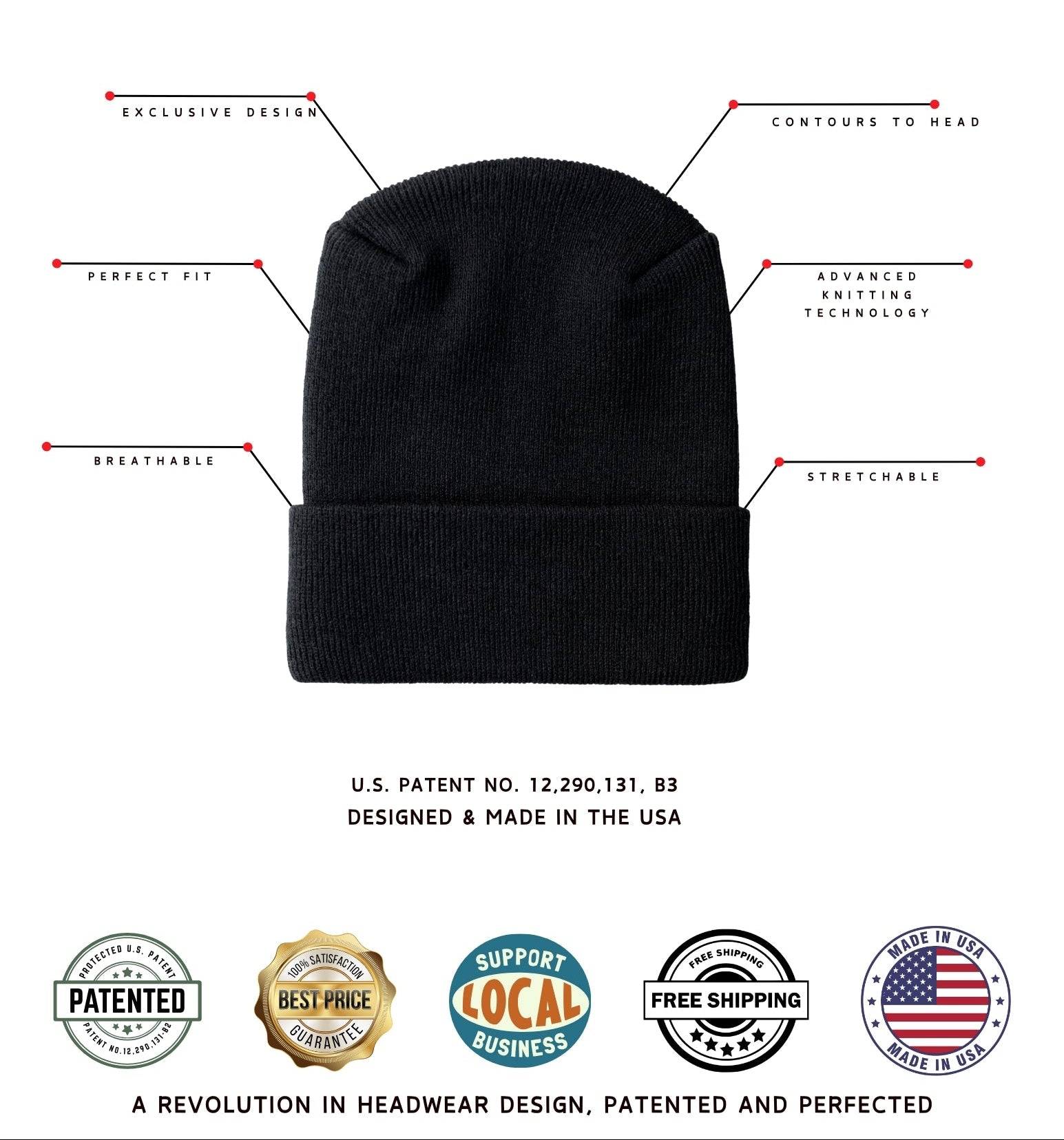Black beanie H-stitch design with features labeled on a white background 